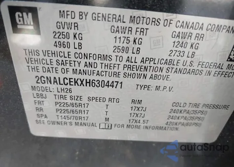2017 Chevrolet Equinox Lt z USA, uszkodzony, nr VIN 2GNALCEKXH6304471